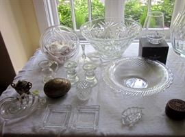 Tabletop items:  Large bowls, candle holders, lacquer egg, misc dishes.