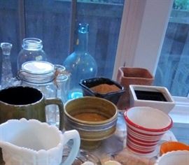Planters, vintage bottles, milk glass