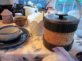 Mid Century ice bucket, milk glass & misc.