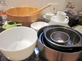 Wood salad bowl & tongs, stainless steels bowls, Corelle, etc.