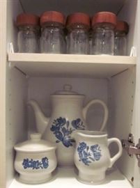 Pfaltzgraff coffee pot, creamer and sugar bowl, glass spice jars.