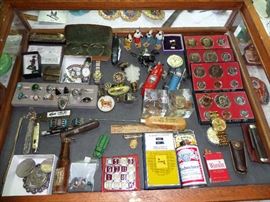 PROOF SETS 1976, JEWELRY, ANTIQUE BROOCHES, WINSTON, CAMEL, AND BUDWEISER LIGHTER, SUNOCO RADIO, SCHLITZ BEER BOTTLE, WIND-UP CARS, SEIKO WATCH, BURBERRY WATCH, BRIGHTON WATCH, GOLD NECKLACE, COIN PAPER WEIGHTS, ICE PICK, CAST IRON FIGURINES AND MORE