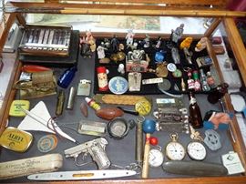 CHILD'S CAP GUN, POCKET WATCHES, ST. PAUL WINTER CARNIVAL BUTTON, MINI BOTTLES, ETC