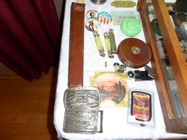 OPENERS, BUTTONS, BELT BUCKLES, LEATHER TAPE MEASURE, LOOP, AND VINTAGE POSTCARD ETC