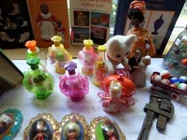 LAFFY LEMON, KIDDLE PERFUME BOTTLES, WIND UP CAT WITH BALL (WORKS) , SOUL SISTER, ANTIQUE WRENCH, ANTIQUE MARBLES, COLLECTOR BOOKS