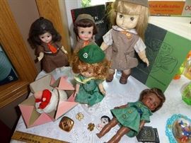 GIRL SCOUT DOLLS, BOOK, AND PINS, VICTORIAN SLEEPING BABY IN SNOW BALL