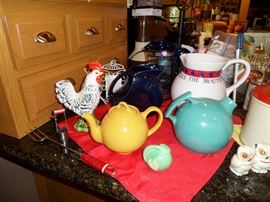 LIPTON TEA POT, FIESTA PITCHER, AND RUMBILL PITCHER, LEFTON ROOSTER