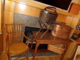 ANTIQUE CHAIR, TABLE, ANTIQUE PICNIC BASKET, ANTIQUE STOOL MADE OUT OF LEATHER BELTS, COPPER KETTLE WITH LID, ANTIQUE TABLE