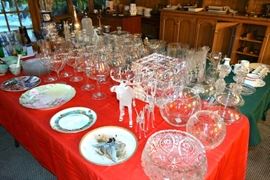Tables of vintage glass and ceramics