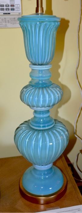 PAIR of Vintage, Mid Century Murano Blue Opaline Lamps by Archimede Seguso, for Marbro Lamp Company