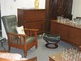 Morris chair, leather foot rest, mid-century bedroom pieces (highboy, dresser and night stands).