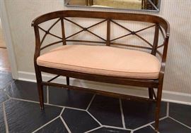 Vintage Wood Bench w/ Curved Back and Cushion