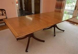 Large Vintage Dining Table with Double Pedestal & Banded Top (Extra Leaves Included)