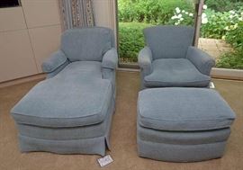 Blue Upholstered Chaise Lounge and Armchair with Ottoman