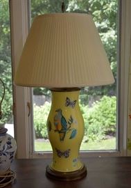Stunning Vintage Reverse Painted Glass Table Lamps with Bird / Insect Motif (Pair)