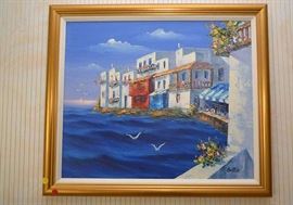 Framed Oil Painting of Seaside in Greece