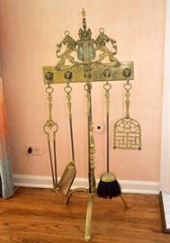 Vintage Brass Fireplace Tools with Stand (Lion Motif)
