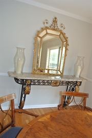 Marble and Wrought Iron Console table and Neoclassical Style Giltwood Mirror