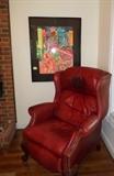 Comfy red leather recliner & another of Jo Lackey's Stoplight Jazz paintings