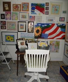 more original art & a great old wooden desk chair