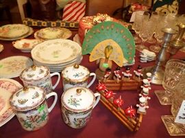 really cool mid-century set of wooden steak markers & a peacock toothpick holder