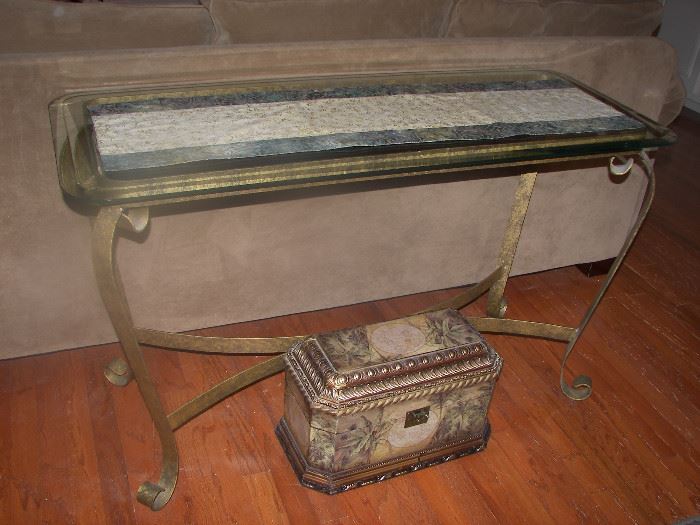 beveled glass top table w metal base