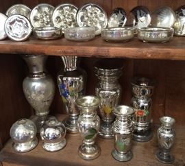 Collection of Antique Mercury Glass, vases, door knobs, set of globe shaped candle holders