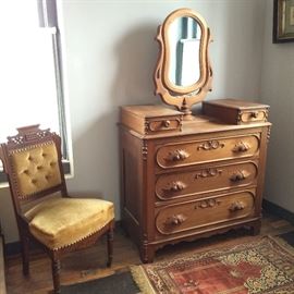 Victorian walnut dresser and mirror with old glass intact, Eastlake chair