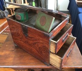 Rosewood box with metal hinges and two pull out drawers