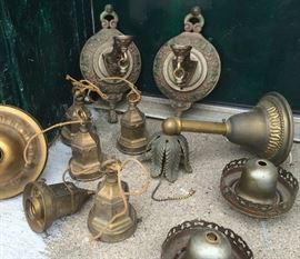 Assortment of old brass light fixtures, 2 wall mount gas lights