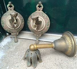 two wall mount gas lights, one wall mount electric light fixture