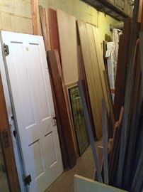 Selection of miscellaneous woodwork, old and new  doors, walnut and cherry boards, walnut plywood...