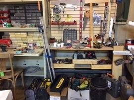 Assortment of woodworking and household tools, fasteners, screws...