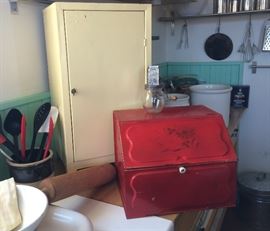 Old pie cabinet, vintage metal bread box, cooking utensils