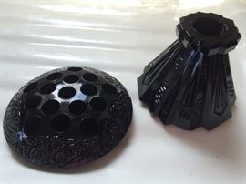 Black glass flower frog (1920's) and candle holder