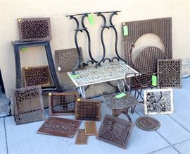 Antique metal floor grates, bench legs, rustic tables etc