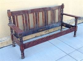Antique Twisted leg bench, with carved detail in back wood slats