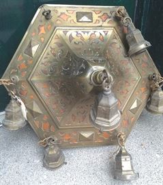 Antique Ceiling light fixture with hanging pendants, brass and copper
