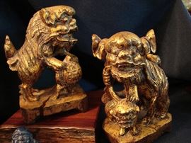 Gilt wood Foo or Temple dogs. Approx 7" h