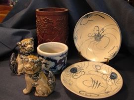 Assorted Asian ceramics and carved wood container