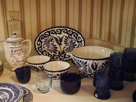 Blue and white Mexican ceramics, cobalt glassware and other blue and white collectibles.