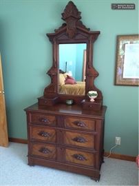 Eastlake walnut dresser with burl accents, immaculate!