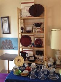 1876 Avon Cape Cod Ruby Glass Dishes.  Most all in boxes.  There is more here than displayed!  Lovely Fenton Custard Planter, Candlewick, Silverplate pieces, Cut Crystal, Sears Sewing Machine, Delft Pieces, Advertising Plates, Teacups/Saucers,. Speaker stands and more. 