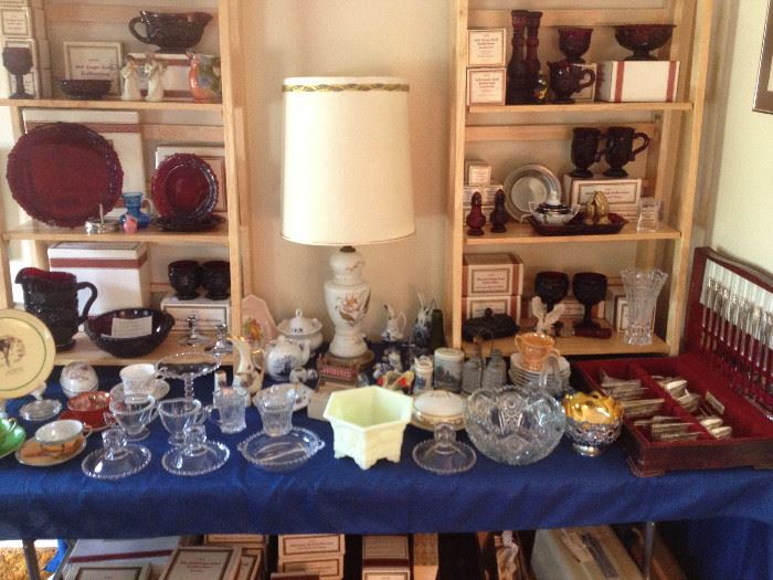 1876 Avon Cape Cod Ruby Glass Dishes.  Most all in boxes.  There is more here than displayed!  Lovely Fenton Custard Planter, Candlewick, Silverplate pieces, Cut Crystal, Sears Sewing Machine, Delft Pieces and more. 