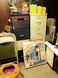 Chairs, baby gate, upright file cabinets, vintage canister set and more