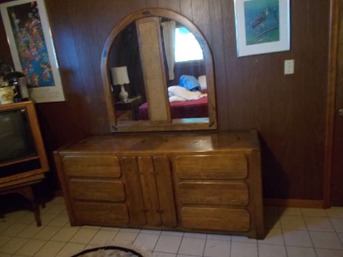 STANLEY Furniture Company Chest of Drawers - 2 Separate Mirror (not attached to the chest); 3 drawers on either side; door opens with 3 more drawers inside - Has matching bedside table which will be sold separately - Dresser: 72" Wide; 31" Tall; 19" Deep - Mirror: 45" Wide; 46" Tall