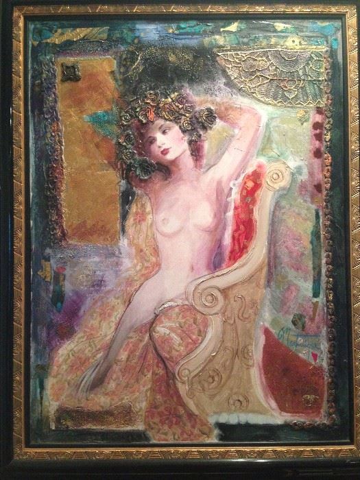 Polychromatic, figurative art
nouveau-styled mixed mediaon-
canvas by
Martinique.  The piece is signed
“Martinique” in blue in the
bottom left side. The piece is
59 inches high and 50 inches
wide including the frame. The
composition is roughly 49
inches high and 39 inches
wide.