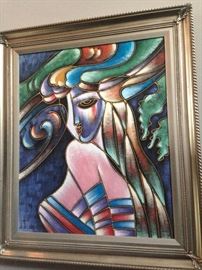 Polychromatic, figurative and
fauvist-style acrylic-on-canvas.
The piece is 30
inches high and 26 inches
wide including the frame. The
composition is roughly 27
inches high and 23 inches