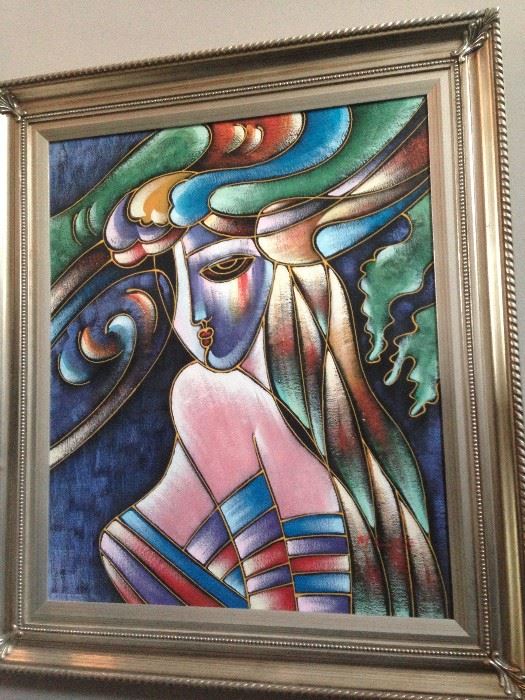 Polychromatic, figurative and
fauvist-style acrylic-on-canvas.
The piece is 30
inches high and 26 inches
wide including the frame. The
composition is roughly 27
inches high and 23 inches