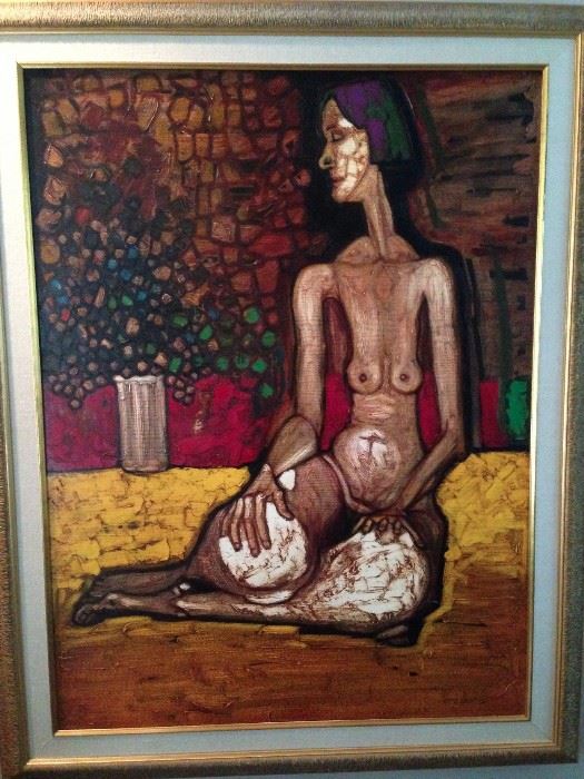 Polychromatic figurative and
abstract oil-on-board work
depicting a seated nude
woman turned to her right on a
background of yellow, red,
brown and green. The piece is
framed.  By Paul Beshé. The piece is 48
inches high and 37 inches
wide including the frame. The
composition is roughly 38
inches high and 29.5 inches
wide.